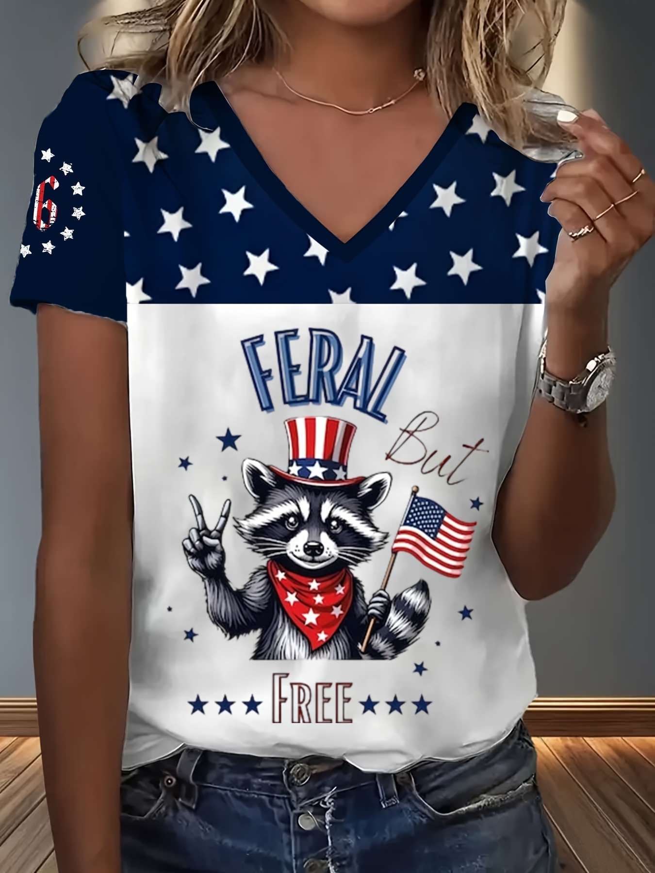 Vintage 3D Printing America Flag Floral Short Sleeve V Neck Eagle Old Glory Casual T-Shirt