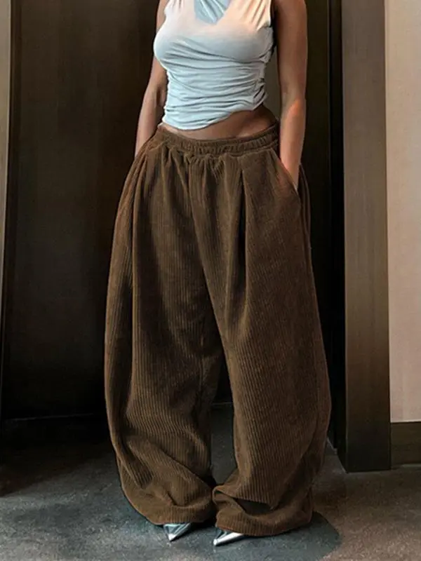 Women's Solid Drawstring High Waist Wide Leg Pants