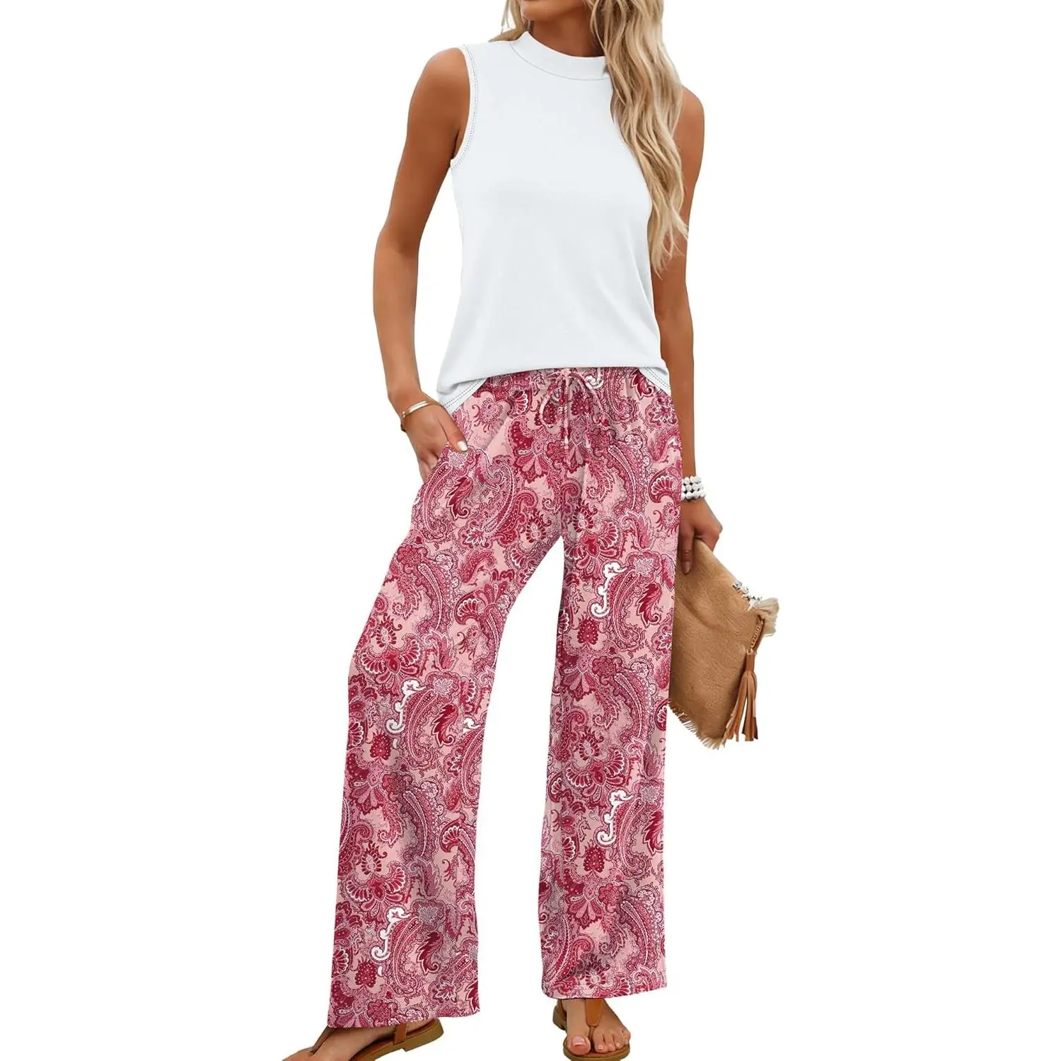 Two Piece Set for Women Summer Spring Outfits Cruise Travel Airport Beach Vacation Mock Neck Wide Leg Pants Set