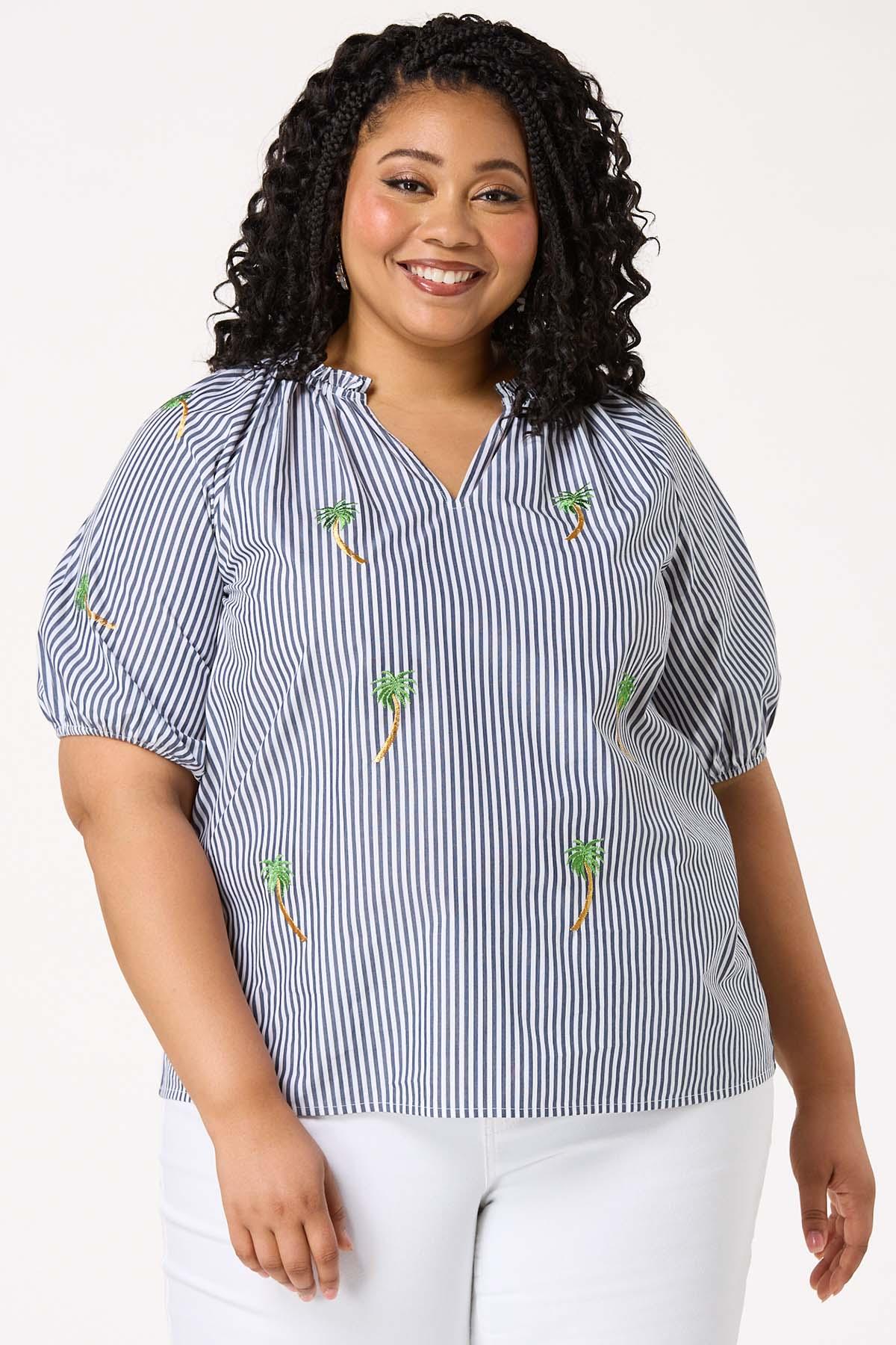 Plus Size Stripe Embroidered Palm Tree Top