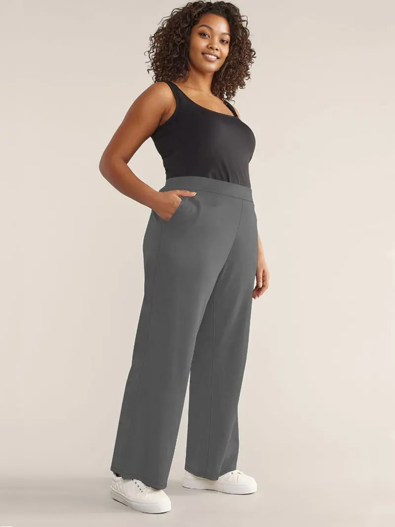 [Plus Size] Solid Color High Waist Straight Leg Pants, Casual Comfy Pocket Trousers for Daily Wear