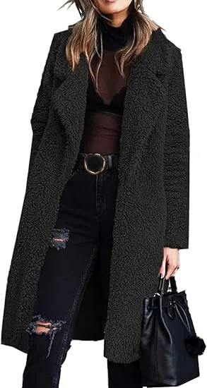 Women's Fuzzy Fleece Lapel Open Front Long Cardigan Coat Faux Fur Warm Winter Outwear Jackets Clothing Set