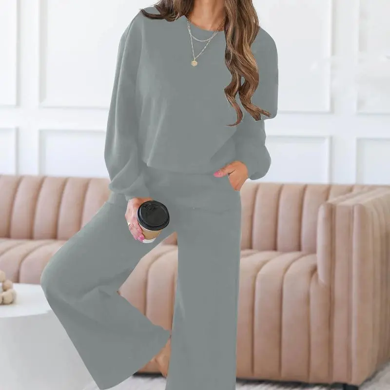 Women's Spring Fall Relaxed Fit 2-Piece Lounge Set | Long Sleeve Top & Wide Leg Pants