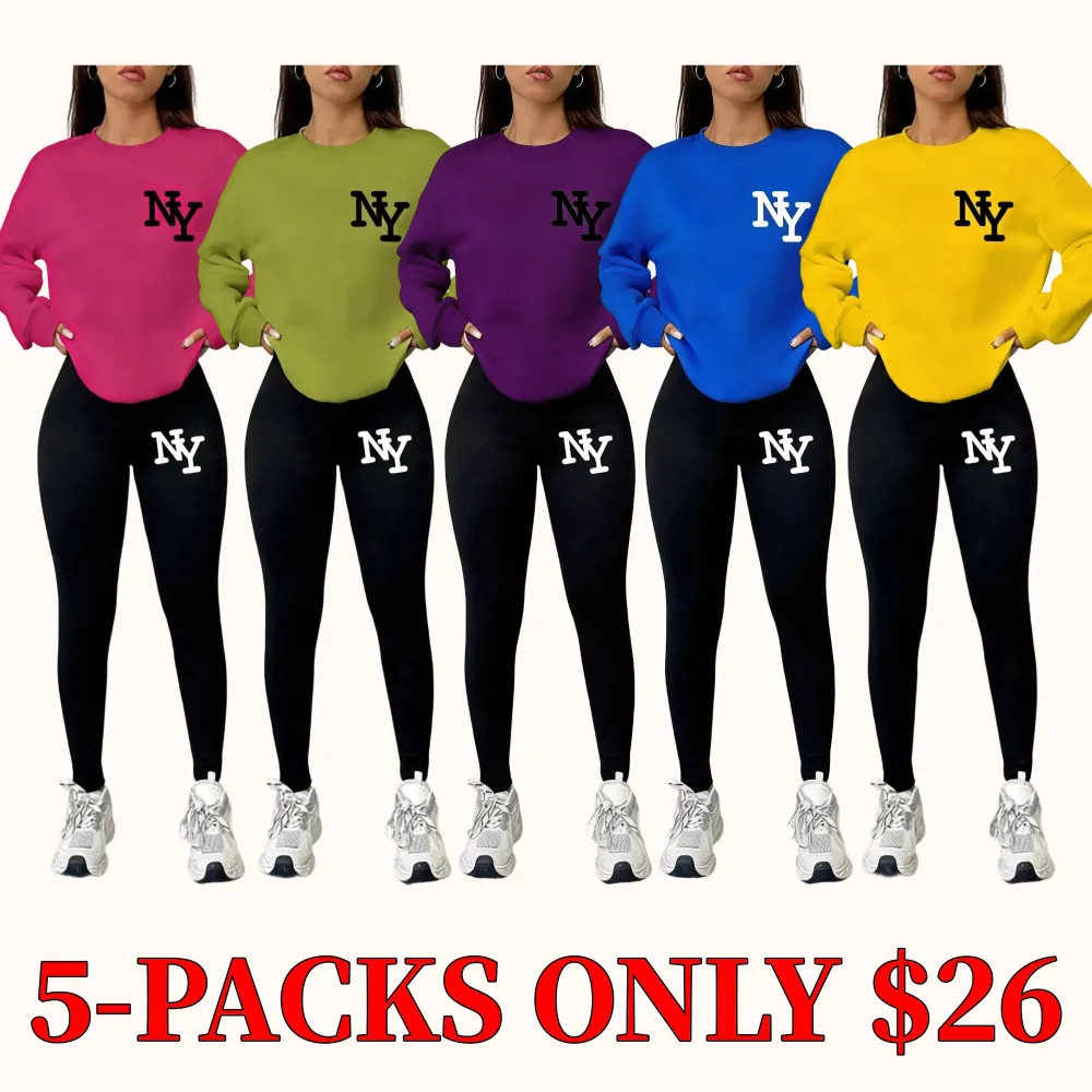 Women's 2-Piece Sweatshirt Set, Ny Letter Print, Round Neck Long Sleeve, Long Pants, Casual Fall Winter, Fitted Style