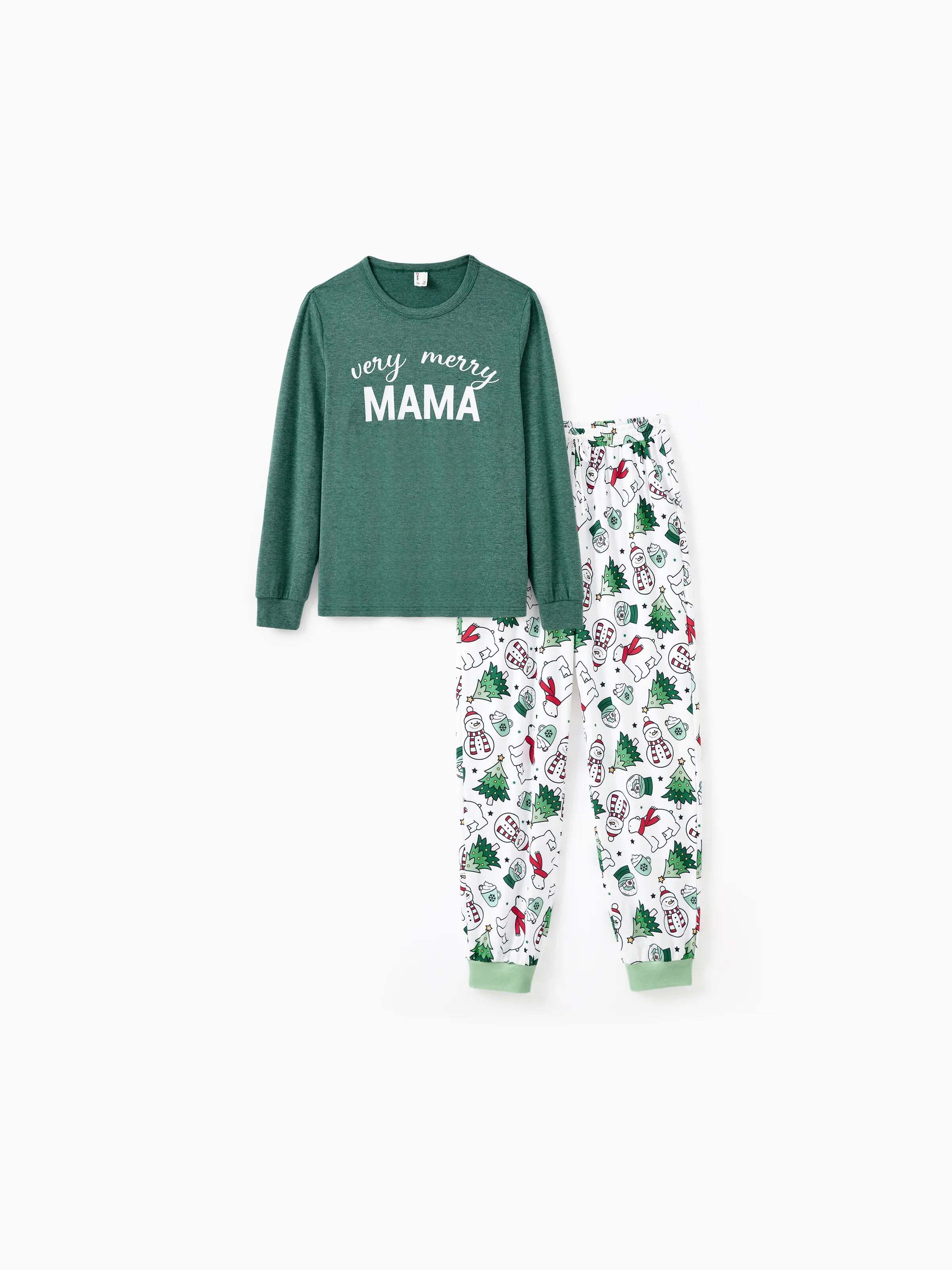 Christmas Family Matching Long Sleeves Very Merry Green Tops Allover Pattern Pants Pajamas Sets with Christmas Socks MediumSpringGreen