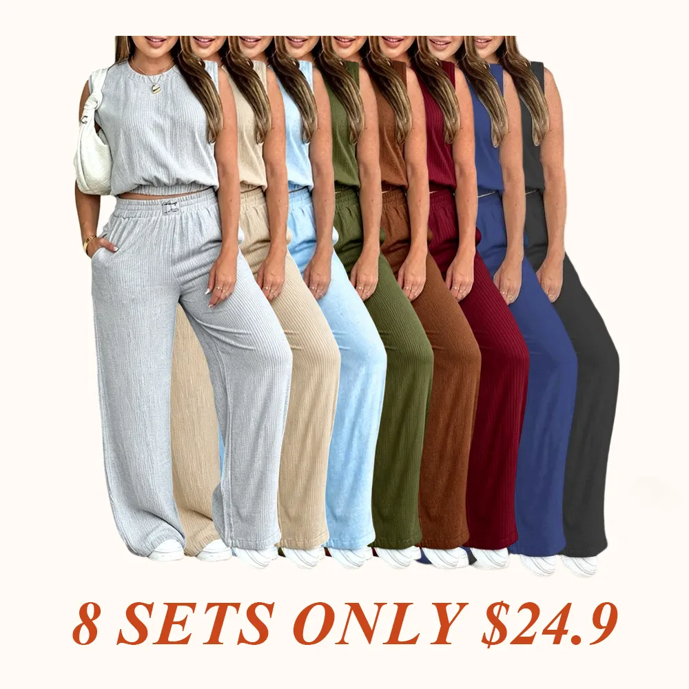 Women's 2-Piece Solid Color Tank Top & Wide Leg Pants Set