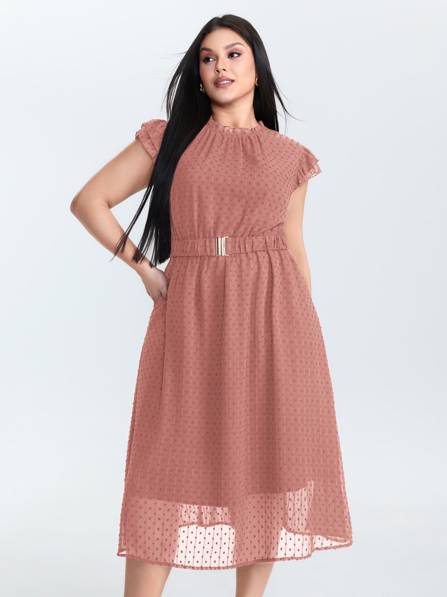 Textured Sheer Ruffled Mock Neckline Midi Dress