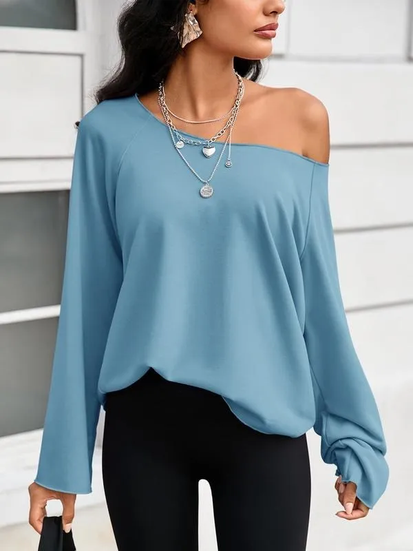 Womens Off the Shoulder Sweatshirts Wide Neckline Oversized Pullovers Long Sleeve