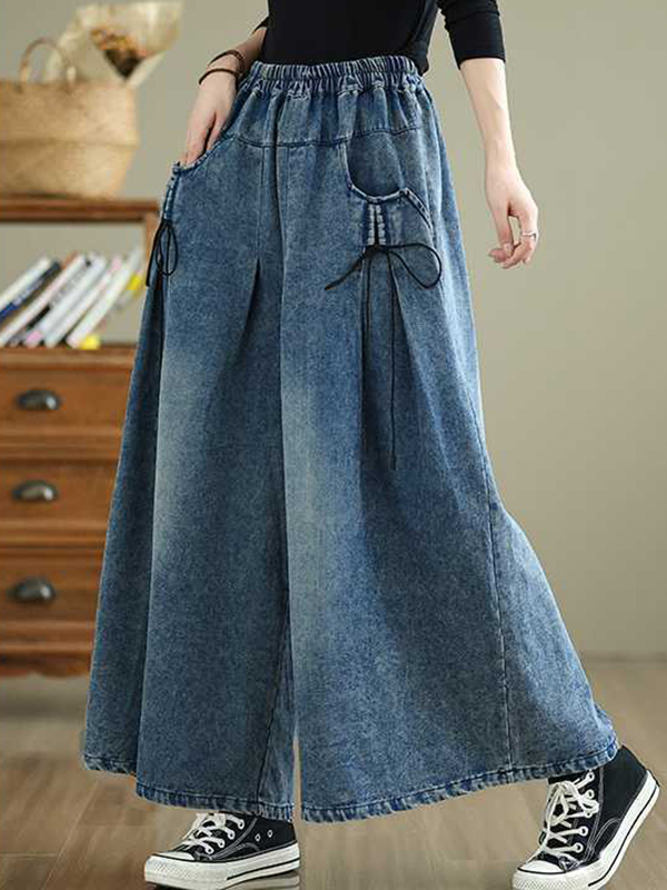 Elasticity Pleated Pockets High Waisted Loose Jean Pants Bottoms
