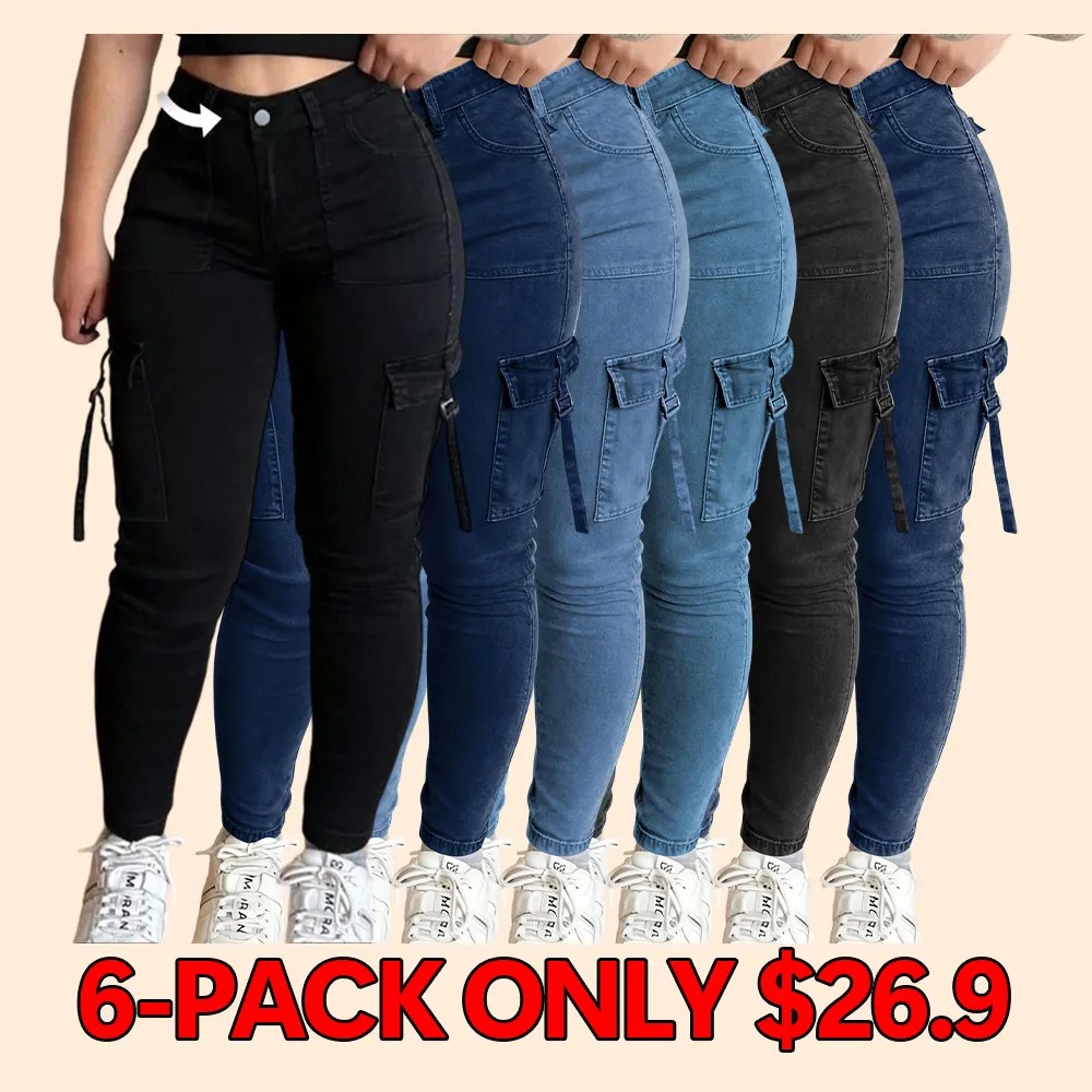 Women's solid color multi-pocket denim cargo pants