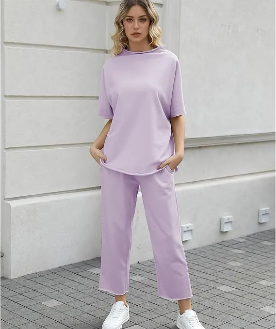Women's 2 Piece Outfits Lounge Set 3/4 Batwing Sleeve Capelet Crew Neck Pullover Tops Wide Leg Pants