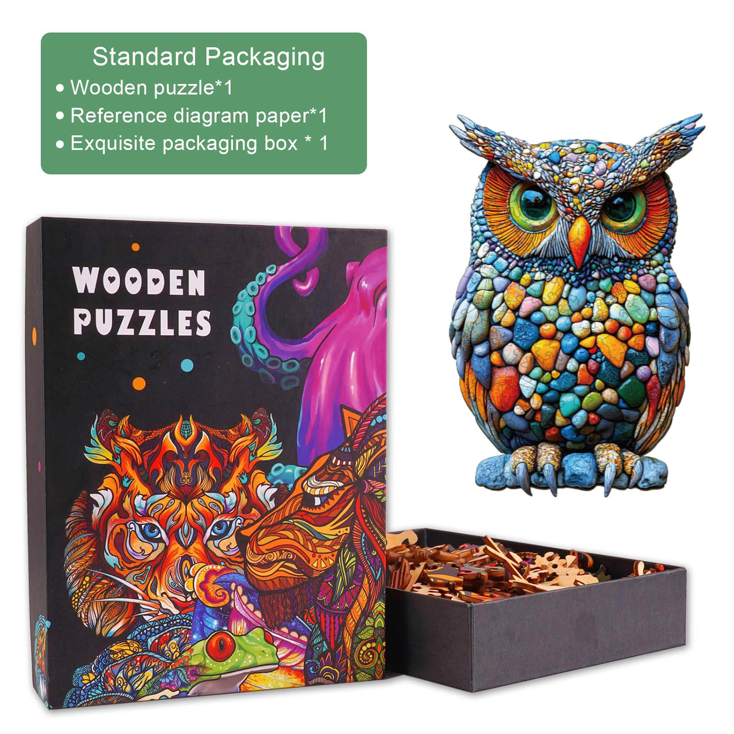 Colorful Stone Owl Wooden Jigsaw Puzzle
