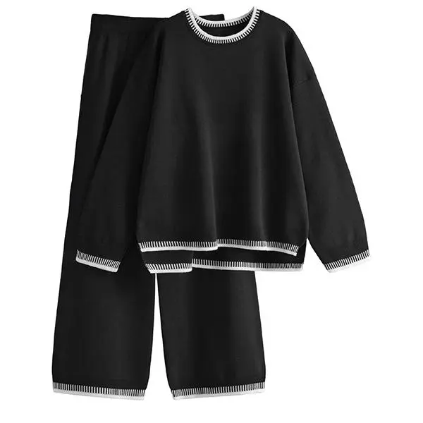 Chic Crew Neck Sweater & High Waist Loose Pants Casual Outfit