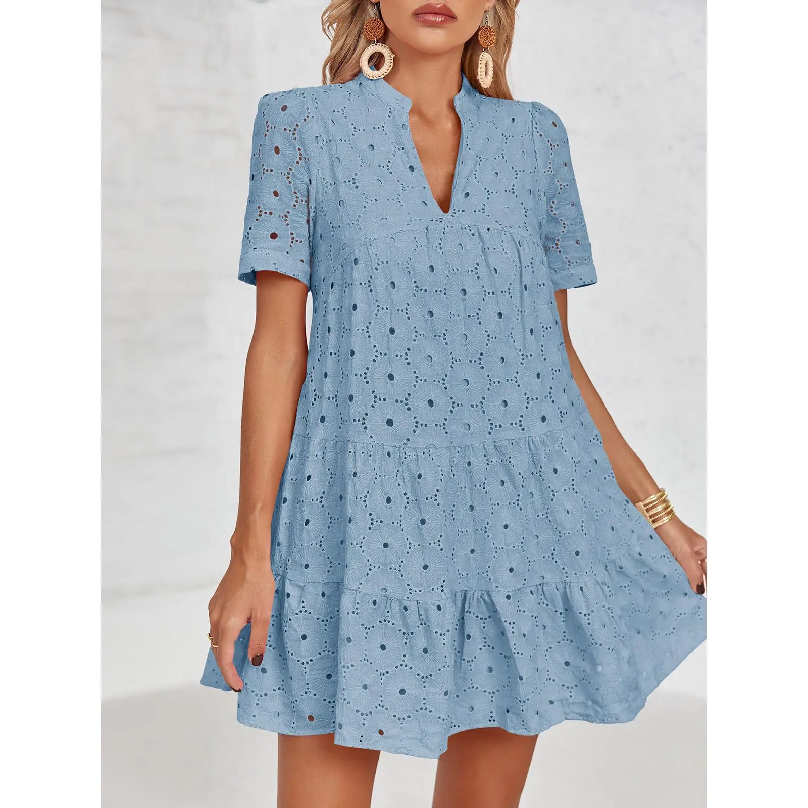 Women’s Eyelet Lace Summer Tunic Dress – Flowy V-Neck Babydoll Style