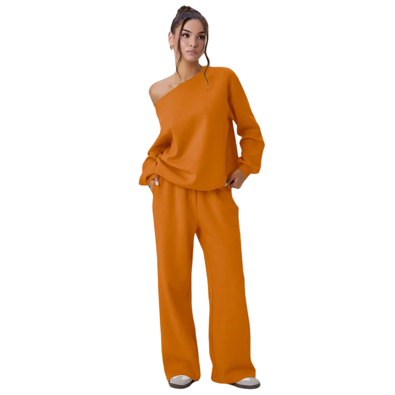 Women's Leisure Solid Color Sloping Shoulder Long Sleeve Top & Wide Leg Trousers Co-ord