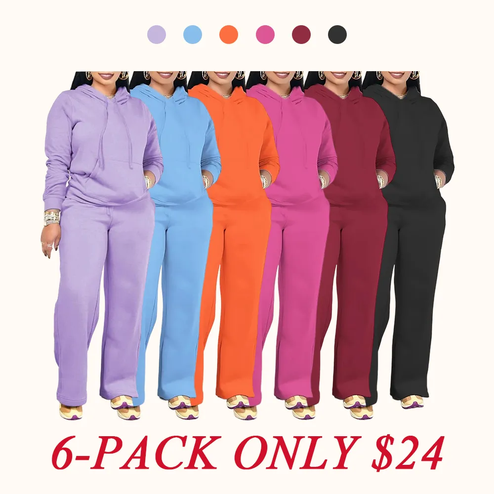 Women's solid color drawstring hoodie and high-waisted pants set