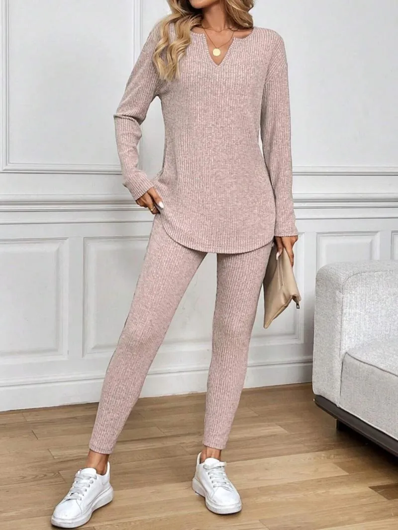Women's Casual Plush Rib-Knit Long Sleeve T-Shirt And Leggings Suit