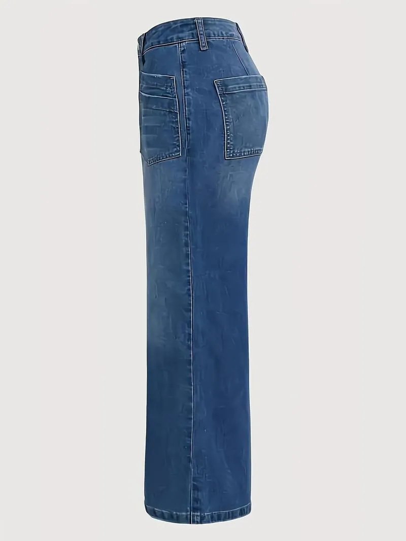 Solid Color Wide Leg Stretchy Jeans, Casual Comfy Denim Stretchy Jeans for Daily Wear, Women's Bottoms for All Seasons