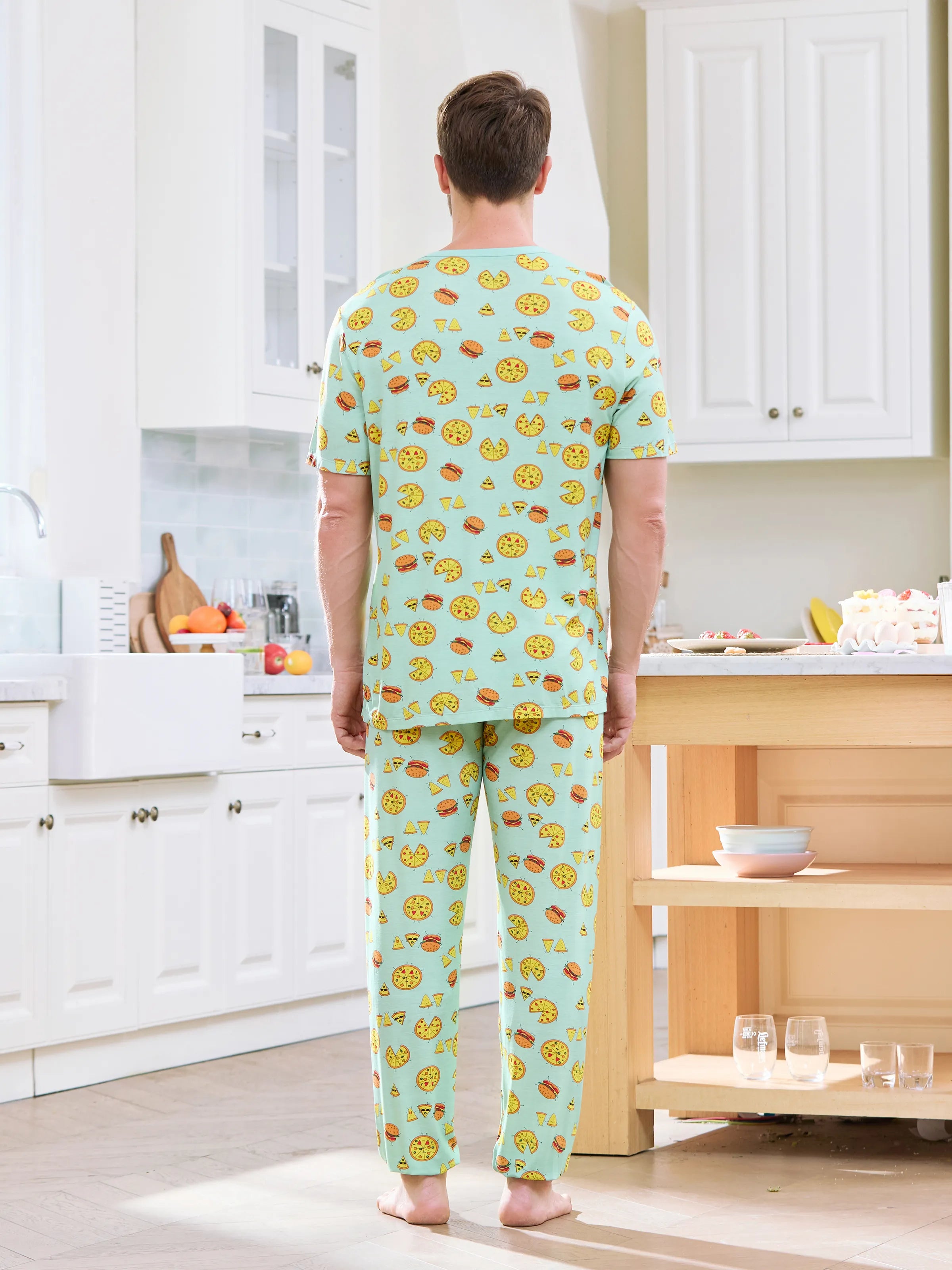 Bamboo Family Mint Green PJs Cute Cartoon Food Theme Print Short Sleeve & Long Pants Sleepwear Matching Pajama set (Snug-Fitting for Children) Light Blue