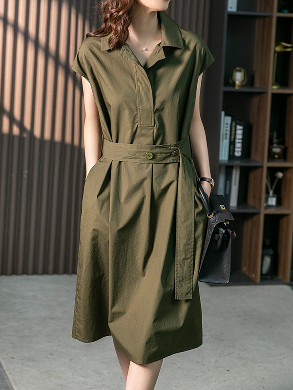 Bandage Solid Color Plus Size Short Sleeves Lapel Midi Dresses