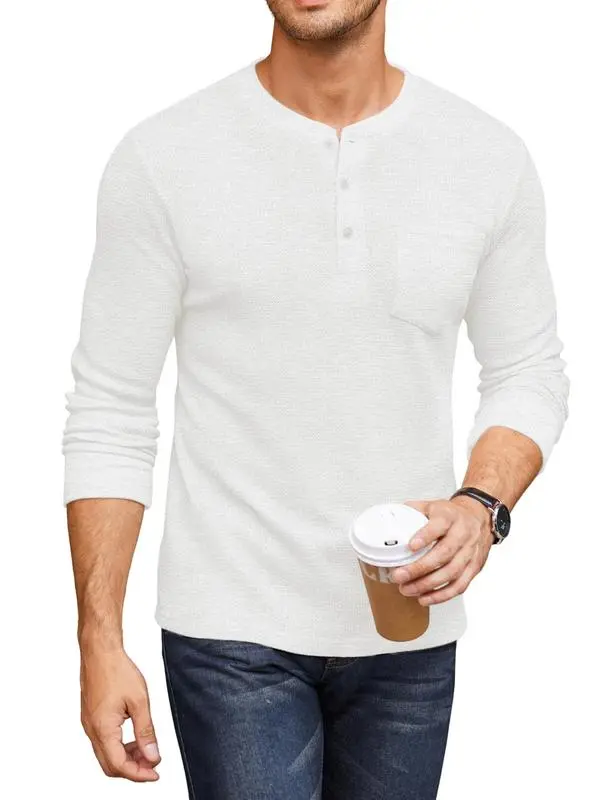 Men's Waffle Henley Long Sleeve Pocket Tee