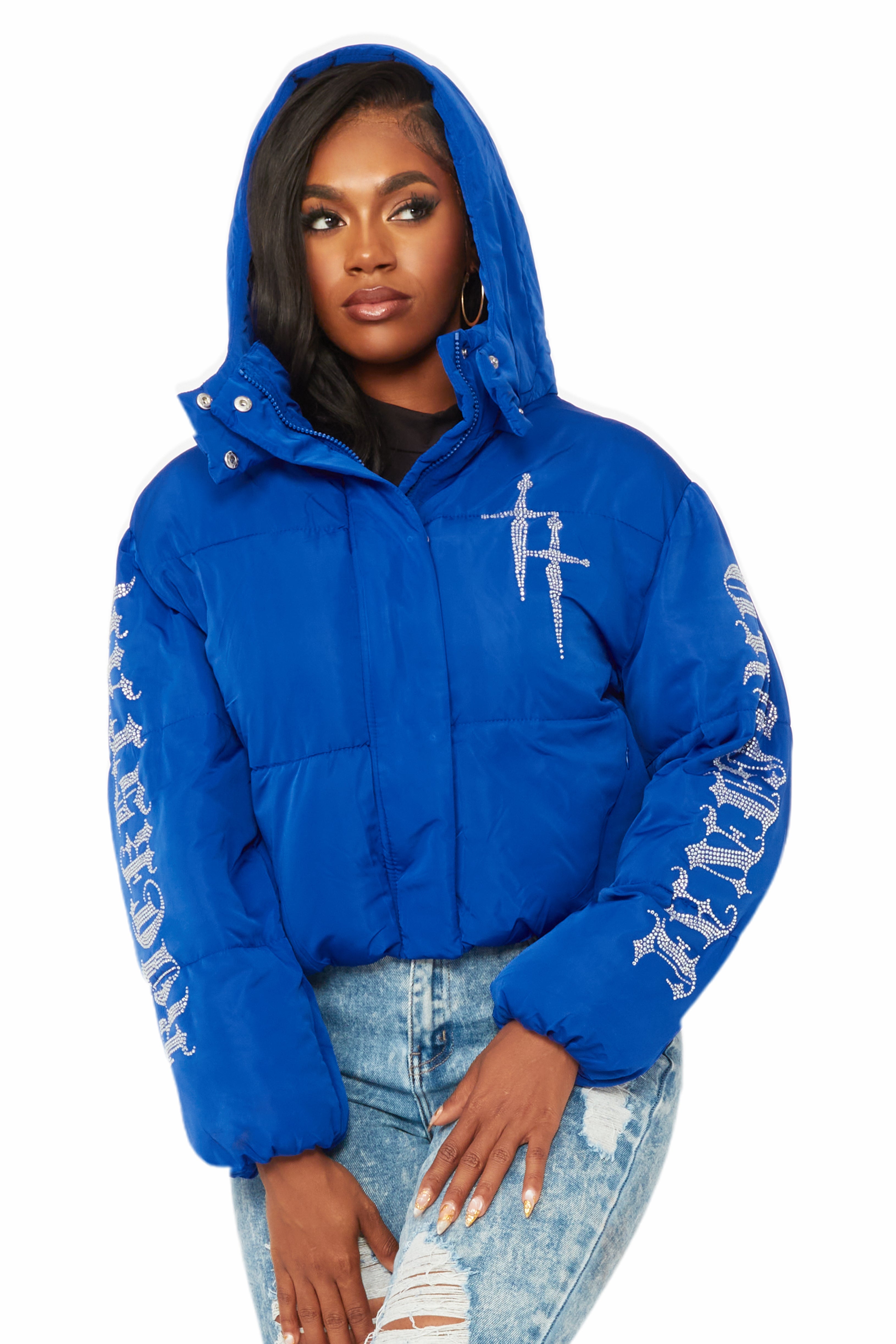 Kalisha Royal Blue Rhinestone Puffer Jacket