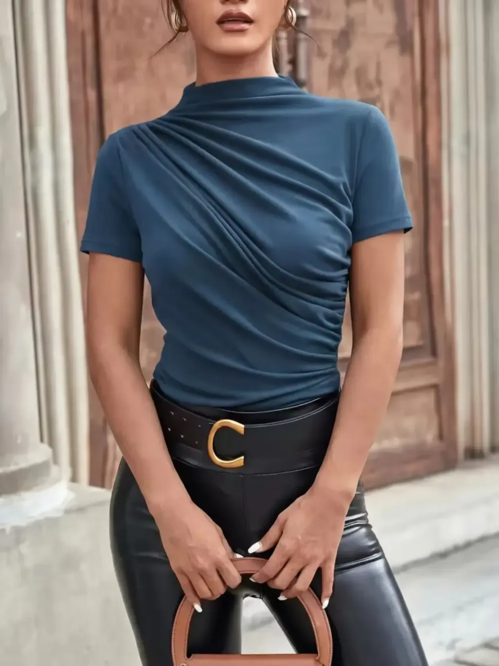 Women's Slim Fit Ruched Asymmetrical Top, High Neck Short Sleeve Knit T-Shirt, Casual Plain Design