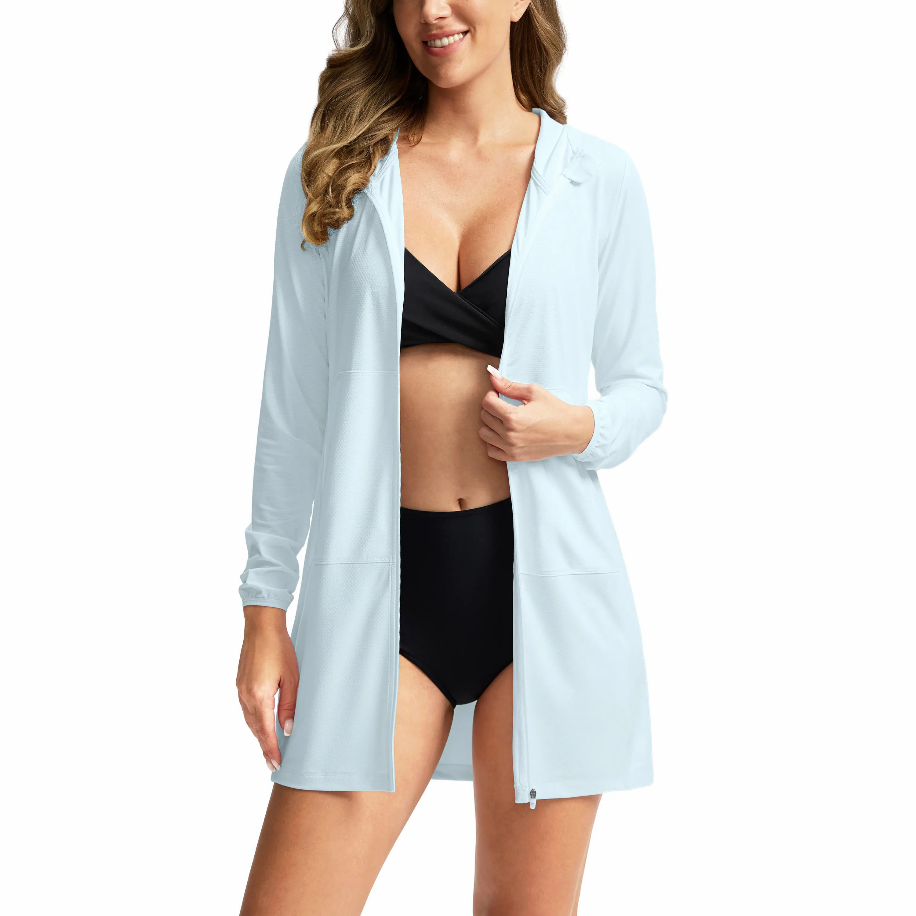 Women's UPF 50+ Crochet Bikini Cover Up Hoodie – Long SPF Beach Jacket
