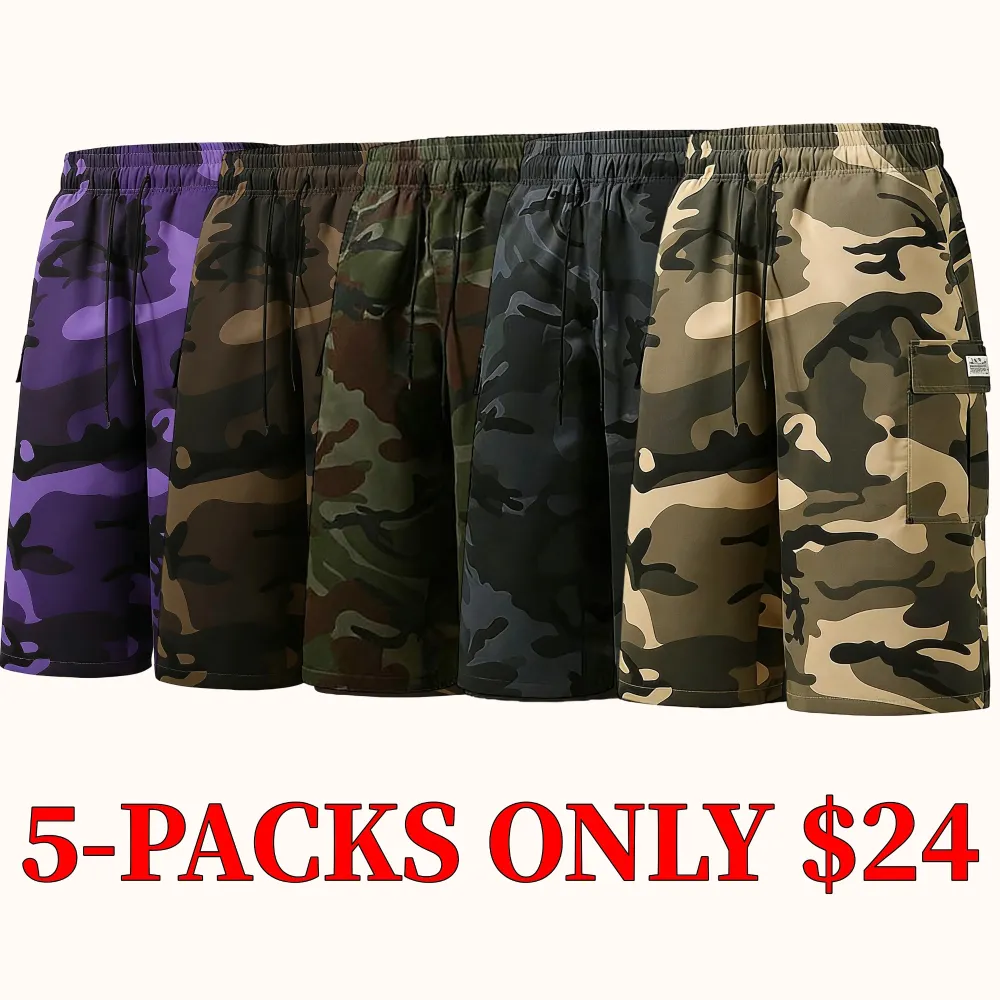 Men's camouflage cargo shorts – multi-pocket design, drawstring waist belt