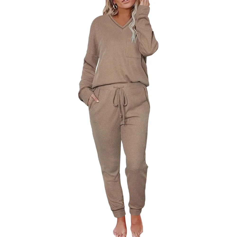 V-neck waffle knit top and pants casual set