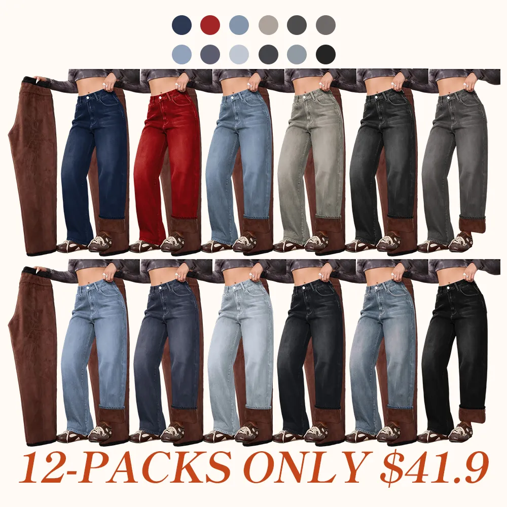 Women's Vintage Fleece-Lined Thickened Fall Winter Wide Leg Jeans