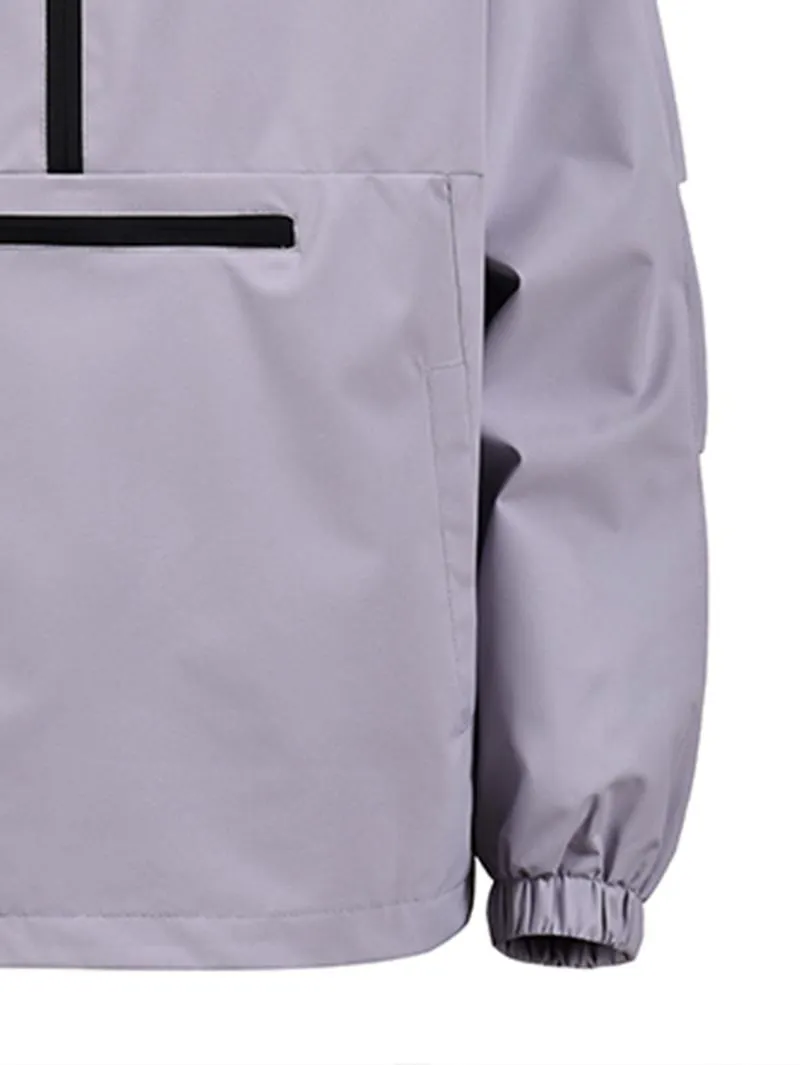 One black half-zip pullover with hoodie, outdoor camping style, large pockets, made of stain-resistant fabric