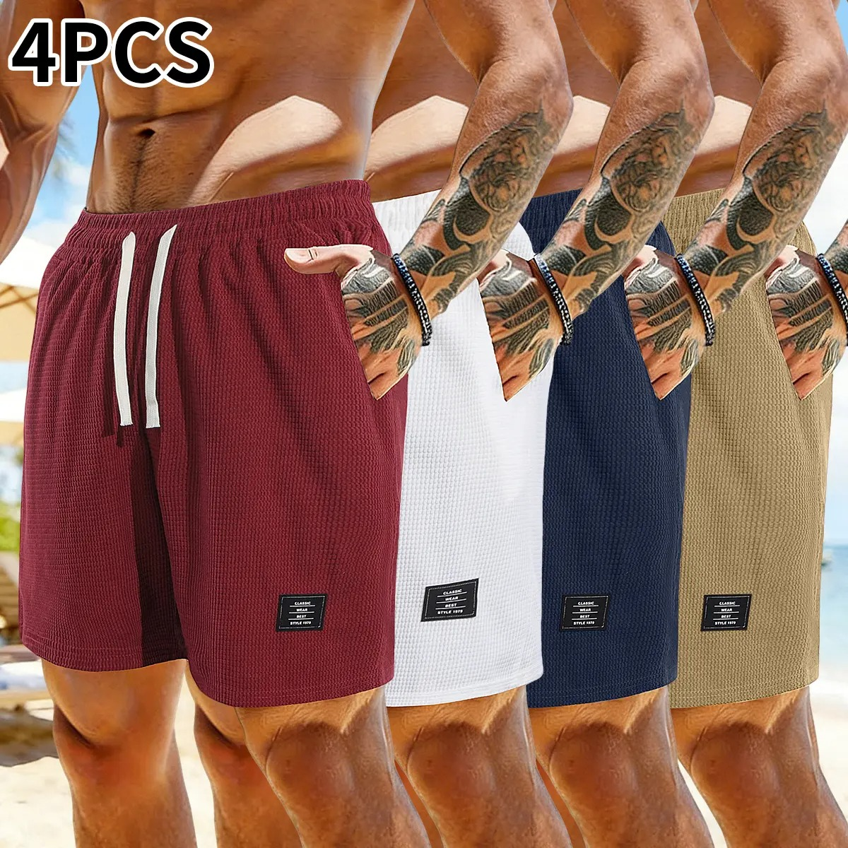 Pack of 4 corduroy shorts, solid color, men’s casual shorts with side pockets and a drawstring elastic waistband