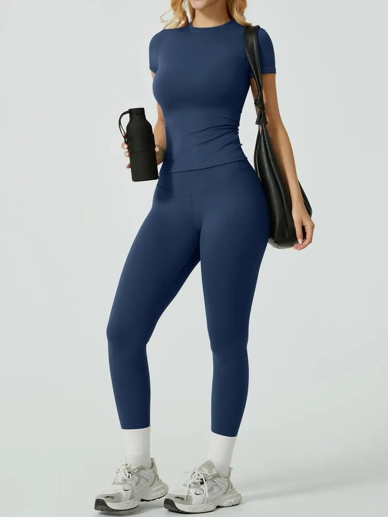 Women's Solid Ribbed Long Sleeve Tee & Leggings Sport Set