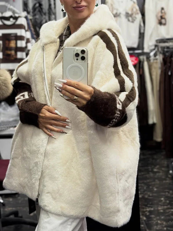 Women Plush Hooded Vertical Stripe Printed Casual Coat