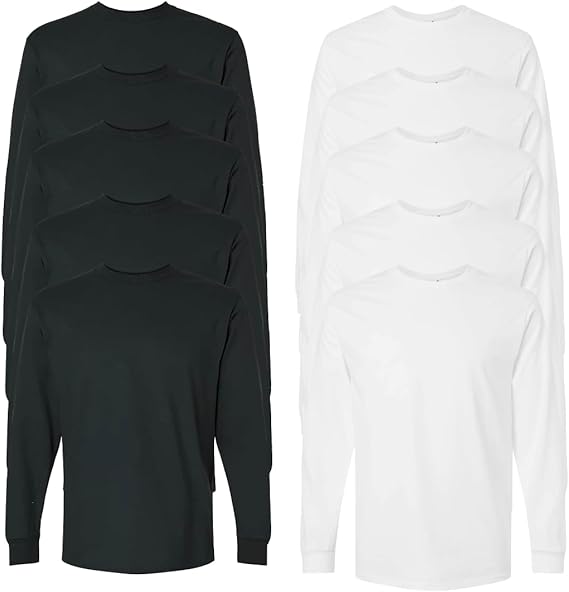 10 Pack: Men's 100% Cotton Crew Neck Long Sleeve Tee Casual Basic T-Shirt Sizes S-6XL Soft-Touch Fabric Ribbed Cuffs Tailored Fit PLUS SIZES