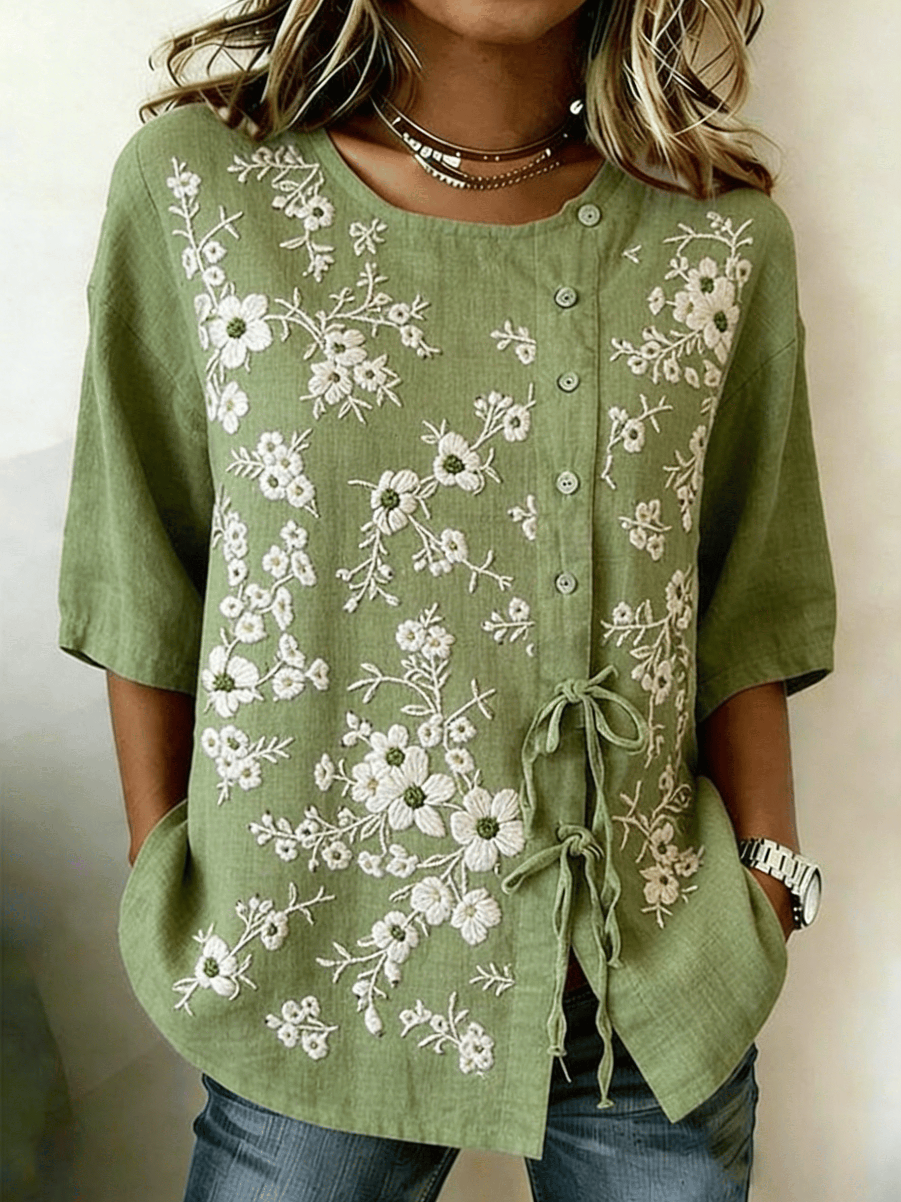 Women's Literary Retro Floral Print Tie Waist Linen Style Blouse- Fast Shipping