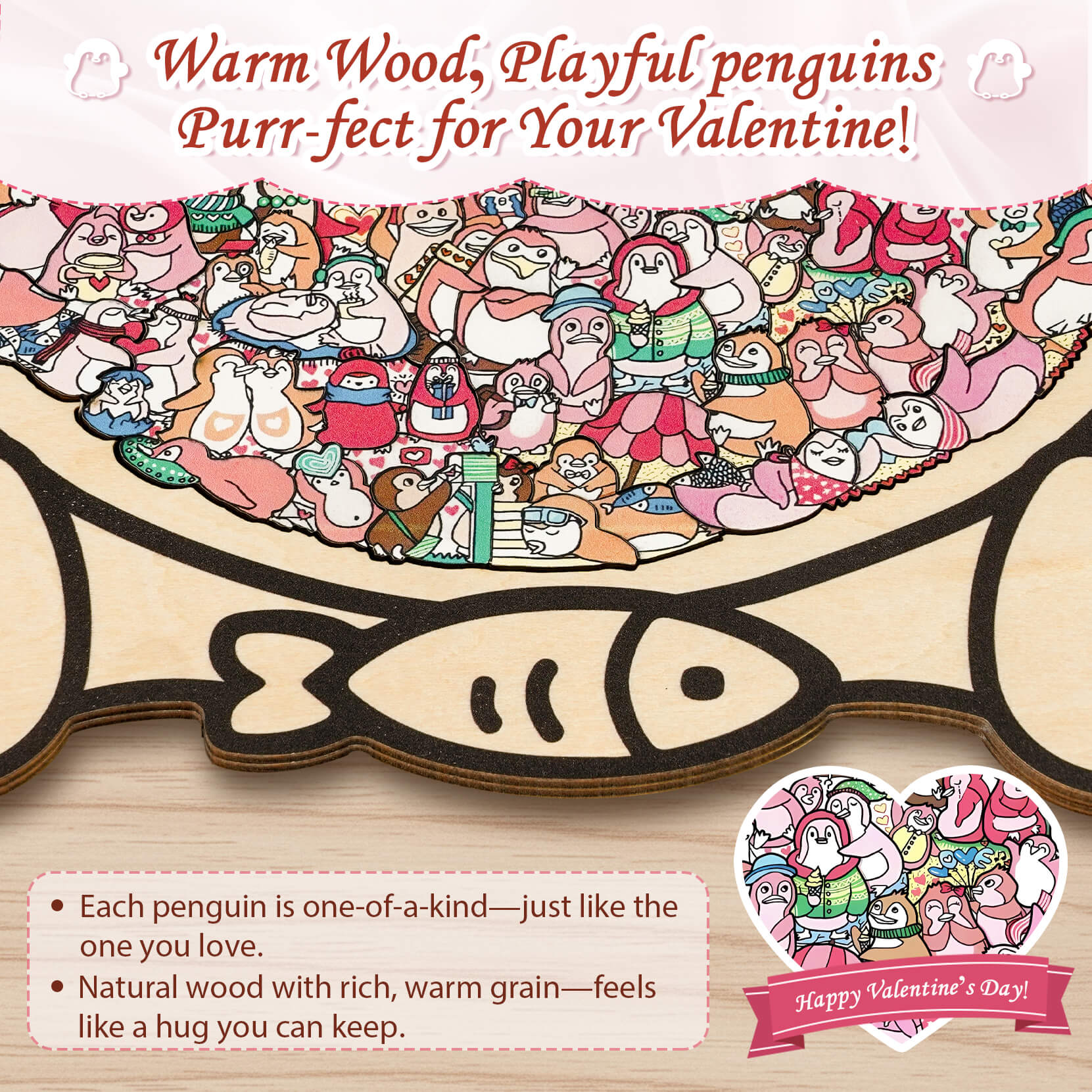 Cute Lover Penguin Shaped Wooden Jigsaw Puzzle