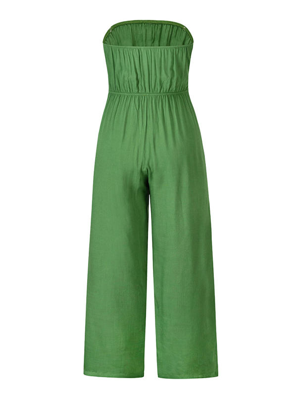 Original Cold Shoulder Tied Solid Color Straight Leg Jumpsuits