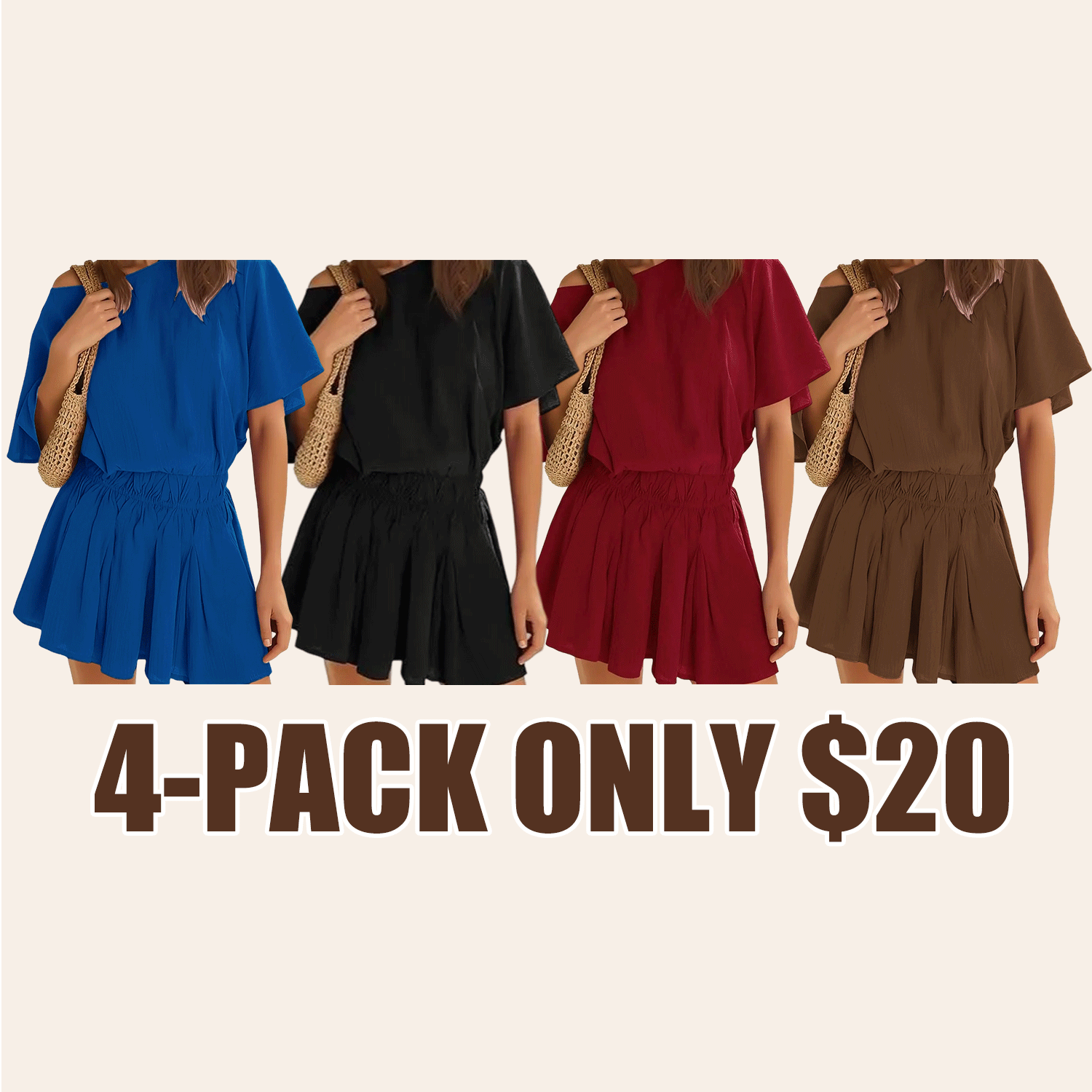 Women’s Casual 2 Piece Outfit Short Sleeve Loose Top and Flowy Mini Skirt Set