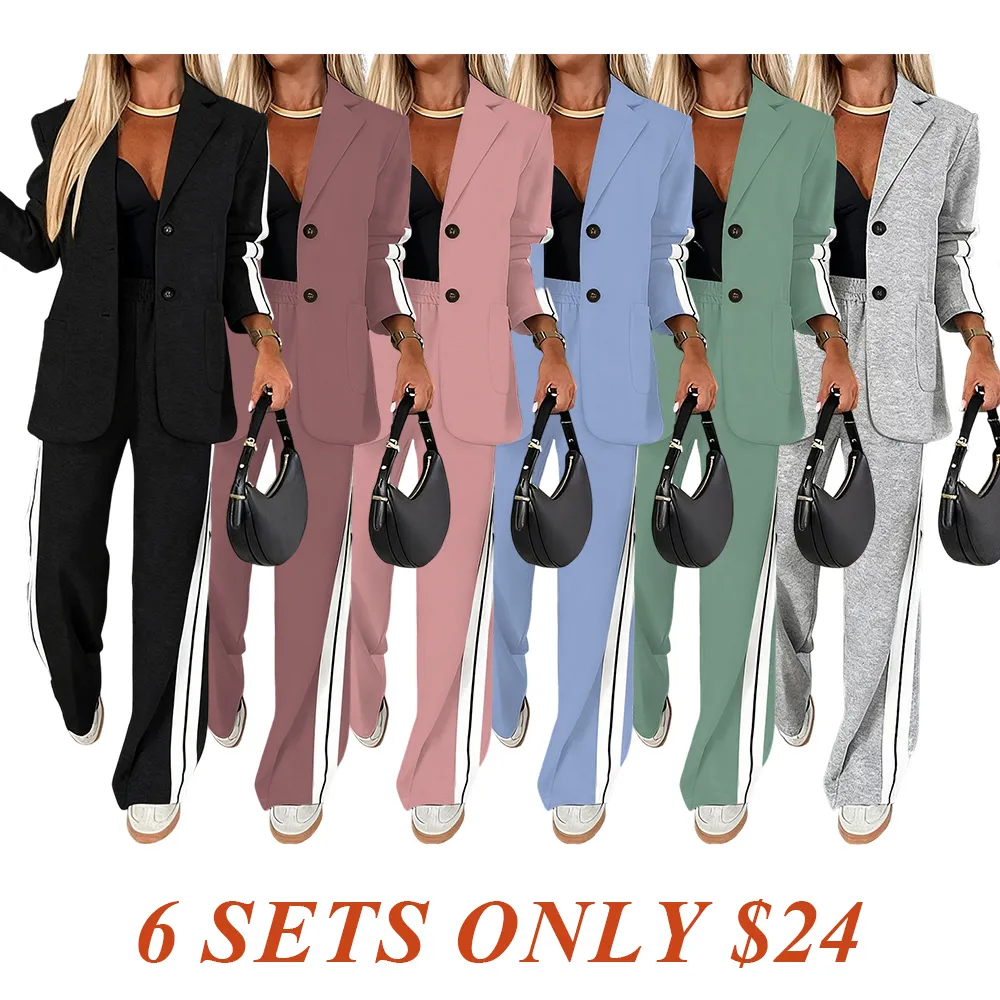 Women's Striped Print Blazer Jacket & Wide Leg Pants Set