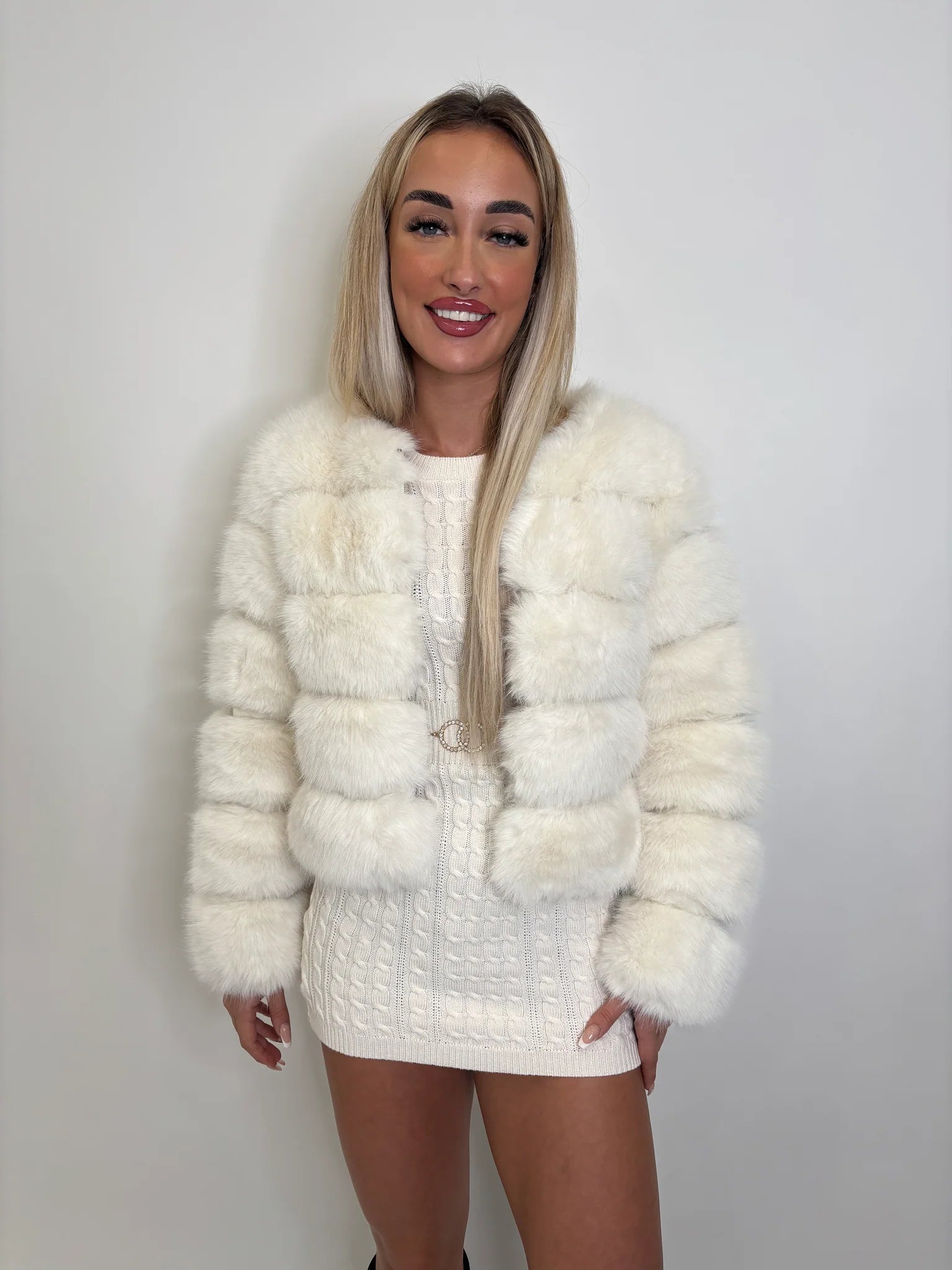 Faux Fur Cropped Collarless -Tiered Panel Winter Fluffy Soft Bubble Chunky Thick Coat Jacket Comfort Womenswear