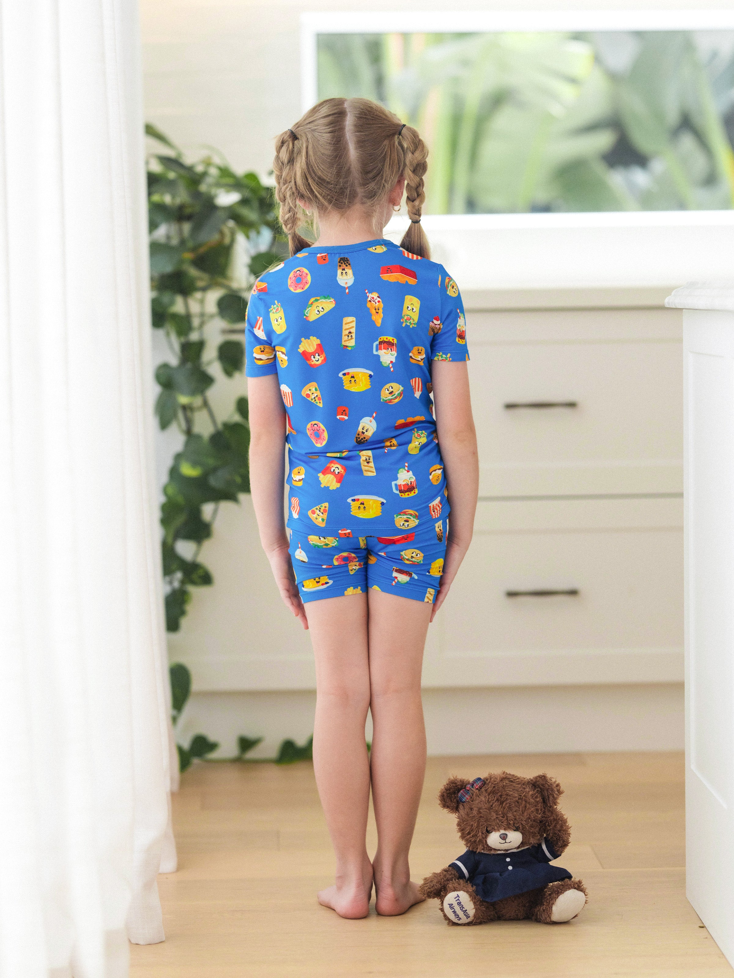 Family Matching Bamboo Pajamas Buttery Soft Bamboo PJs for Men Women Kids Toddler, Cute Burger & Fries Print Short Sleeve Sleepwear (Snug-Fitting for Children) Royal Blue