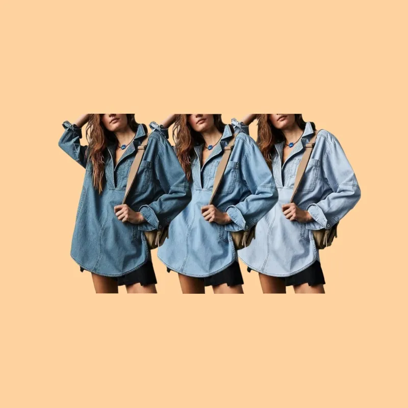 Women's Denim Pullover Casual Loose Fit V Neck Blouse