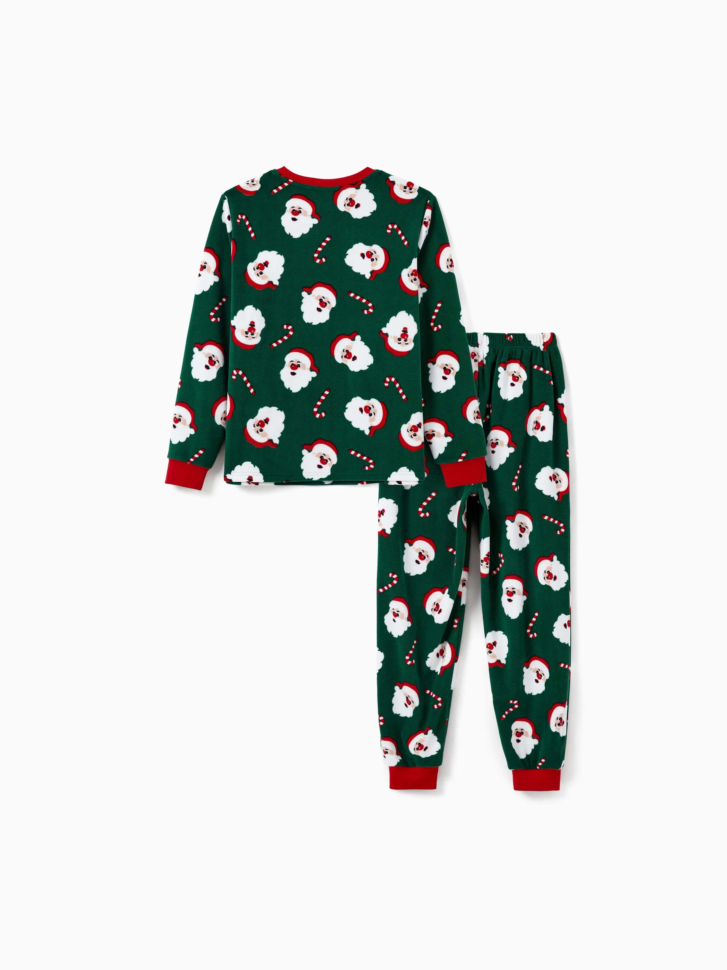 Christmas Matching Family Fleece Pajamas Set Santa Claus and Candy Cane Print PJS with Christmas Socks Dark Green