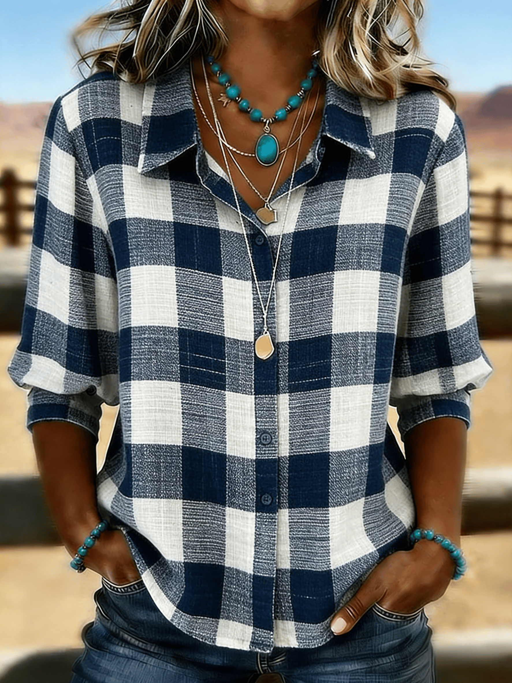 Women's Casual Cotton-Linen Plaid Blouse with Denim Effect
