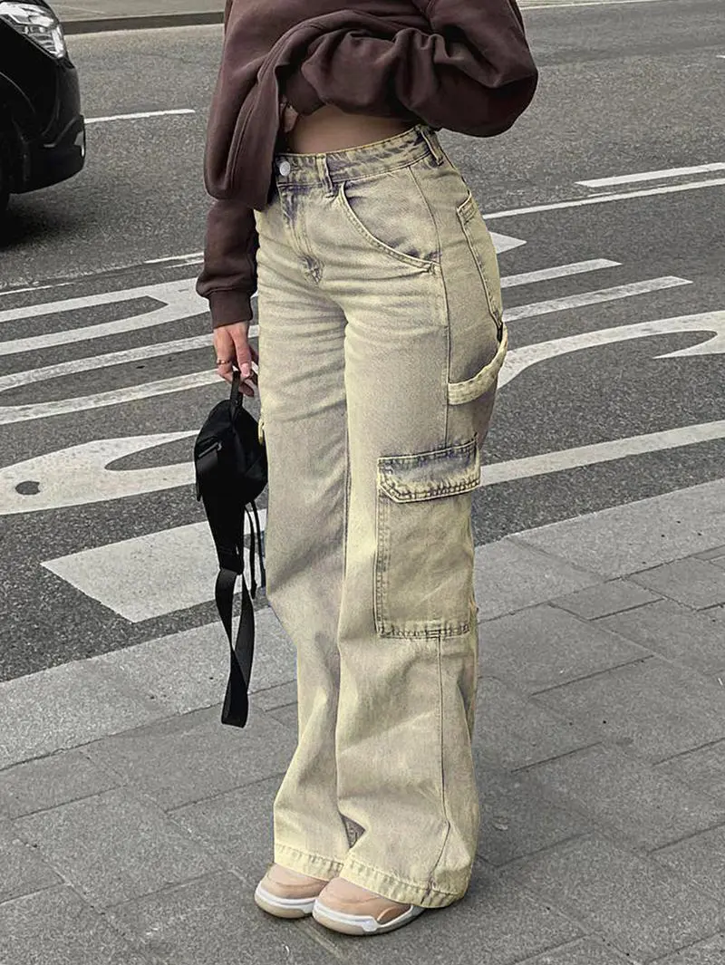 Women's High Waist Cargo Jeans with 6 Pockets, Wide Leg Baggy Denim Pants for Casual Street Style