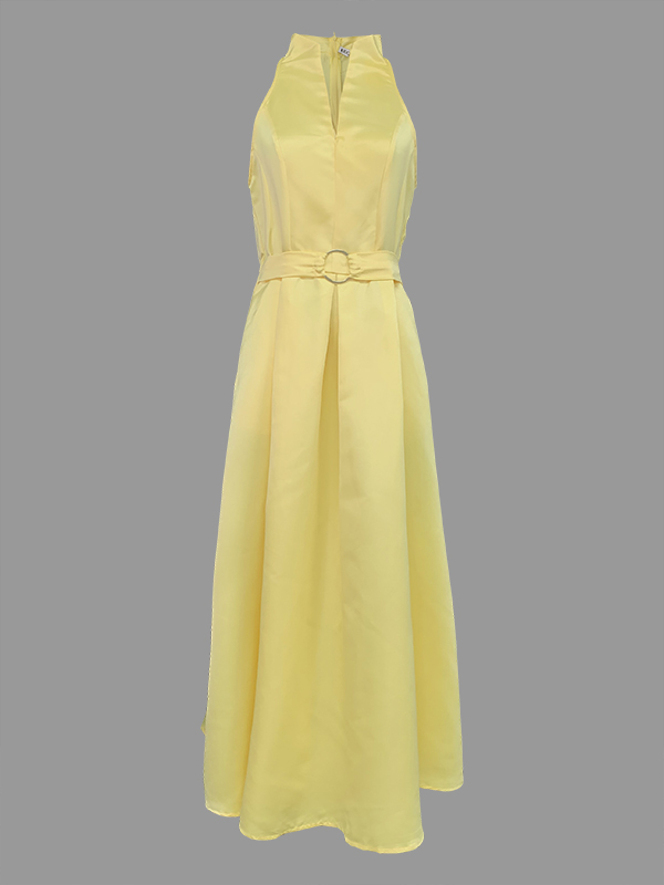 A-Line Loose Belted Pleated Pockets Solid Color V-Neck Midi Dresses