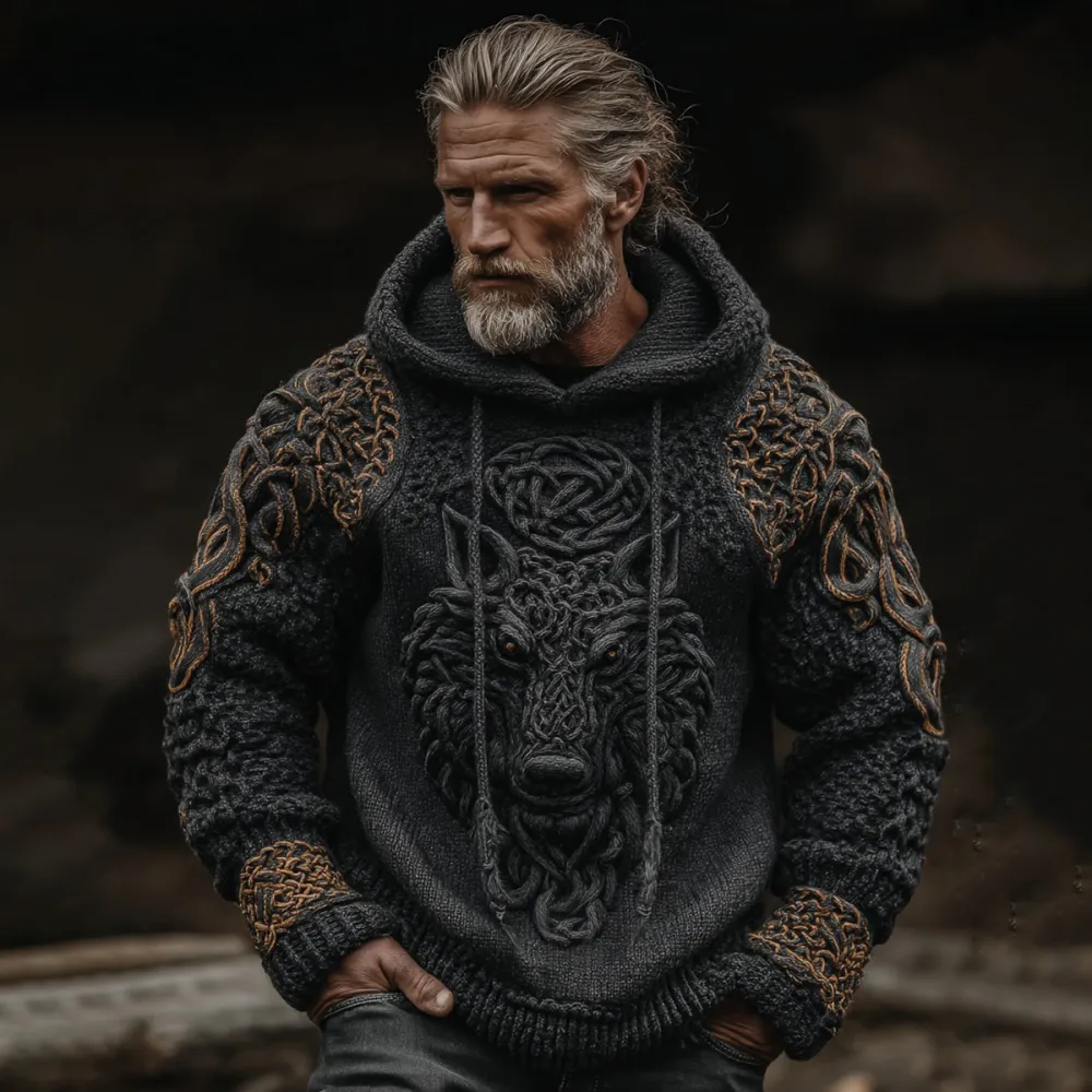 Men's Vintage Viking Wolf Celtic Art Knit Hooded Sweater