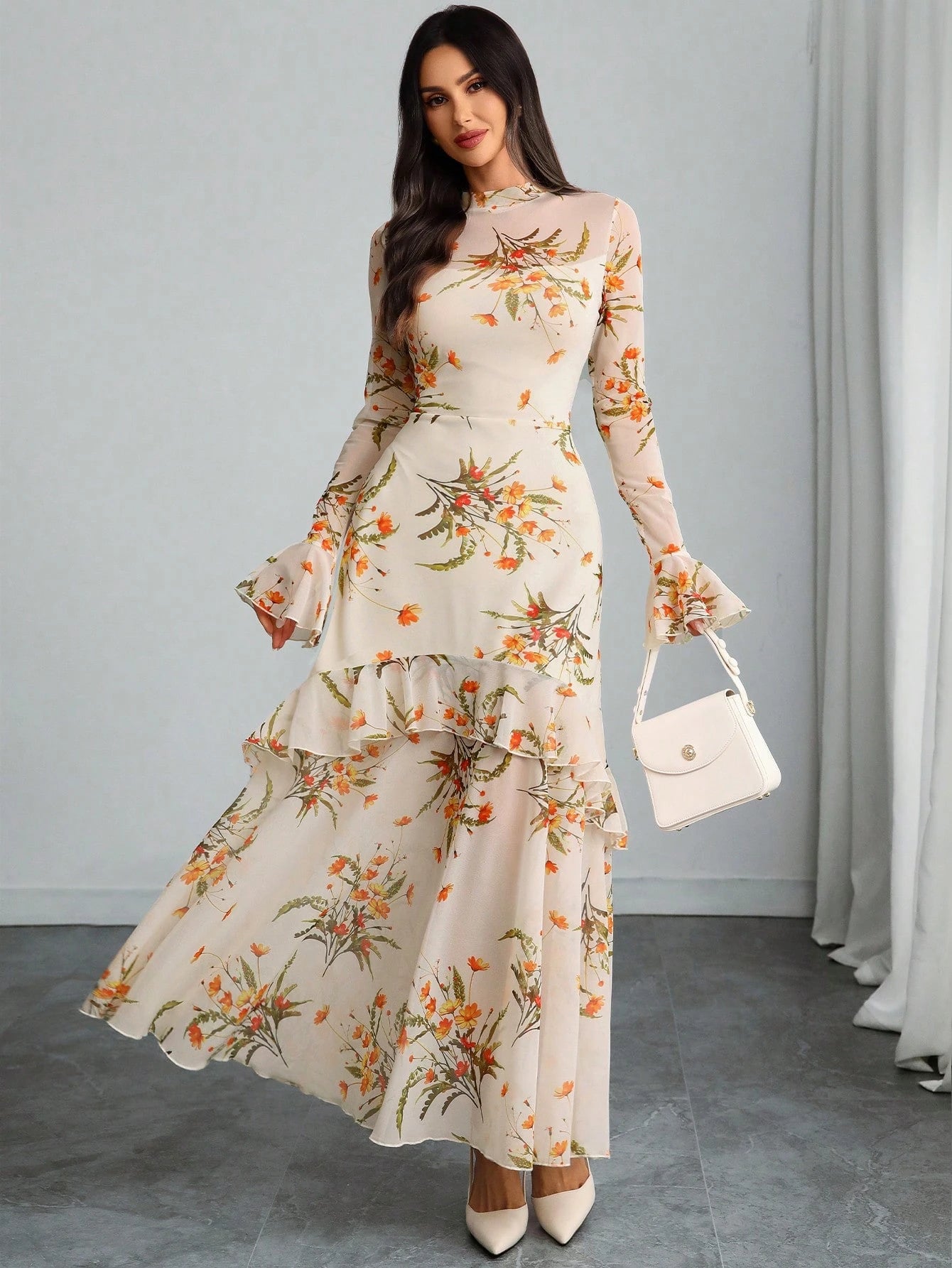 Women's Gothic Elegant Sexy Mesh Splicing Colorful Print Retro Petal Sleeves Ruffle Mermaid Hem Double Layer Dress